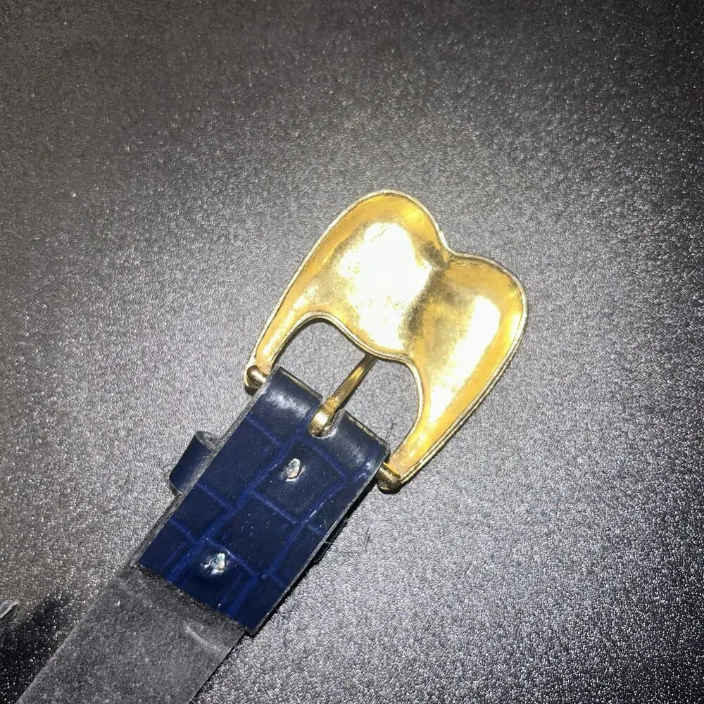 Navy Blue Faux Leather Textured Gold-Tone Hardware Belt Women's 30